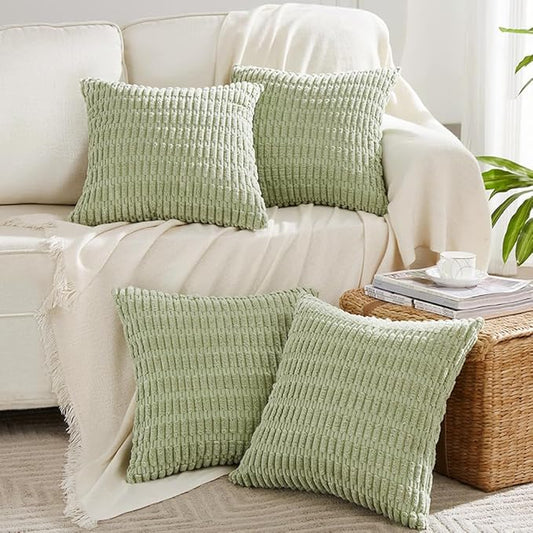 Fancy Homi 4 Packs Sage Green Decorative Throw Pillow Covers 24x24 Inch for Living Room Couch Bed Sofa, Rustic Farmhouse Boho Home Decor Soft Plush Striped Corduroy Square Cushion Case 60x60 cm