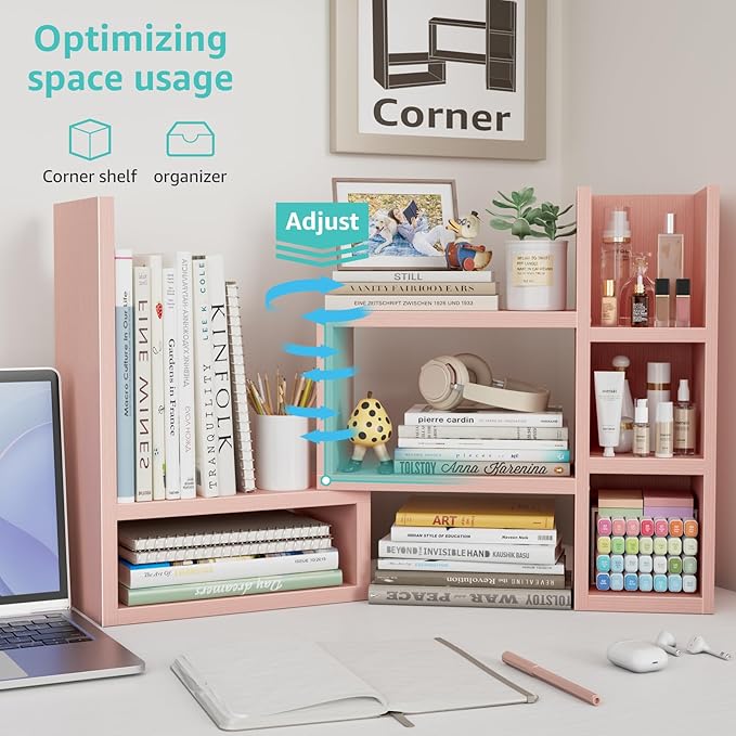 Desk Shelves Desktop Orgnizer Shlef - Pink Office Organization for Top of Desk Organizers and Accessories Corner Bookshelf Table Top Shelving Small Hutch Decorations for Office