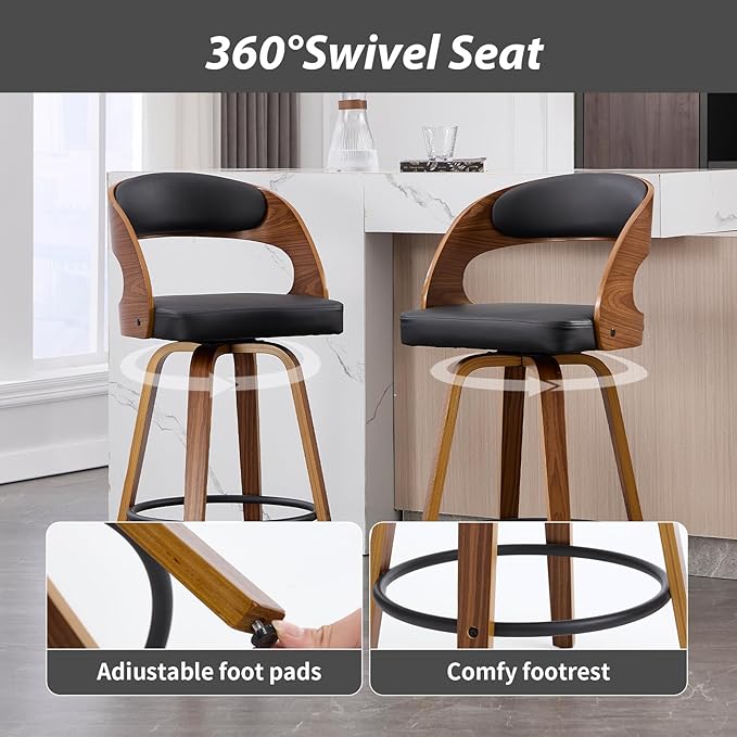 Swivel Bar Stools Set of 2, Walnut Counter Height Bar Stools with Back and Arms, 26" Modern Faux Leather Upholstered Bar Chairs with Bentwood Frame for Kitchen Island Bar - Black