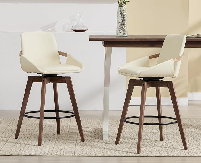 EALSON Swivel Counter Height Bar Stools Set of 2 Mid Century Modern Natural Wood Barstools with Back and Arms Comfortable Leather Upholstered Counter Stools Bar Chairs for Kitchen Island, Beige