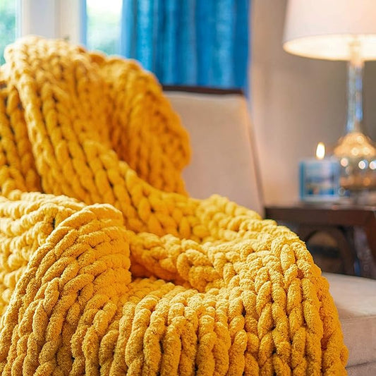 clootess Chunky Knit Blanket Knitted Throw Crochet Chenille Yarn Woven for Bed Sofa Textured Thick Cable Decor (Turmeric 40x60 in)