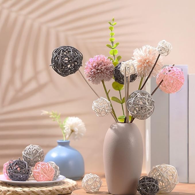 Patelai 36 Pcs Wicker Rattan Balls Decorative Balls for Vase Centerpiece Bowls Orbs Filler for Home Decor,4 Sizes(White, Pink, Light Grey, Dark Grey)