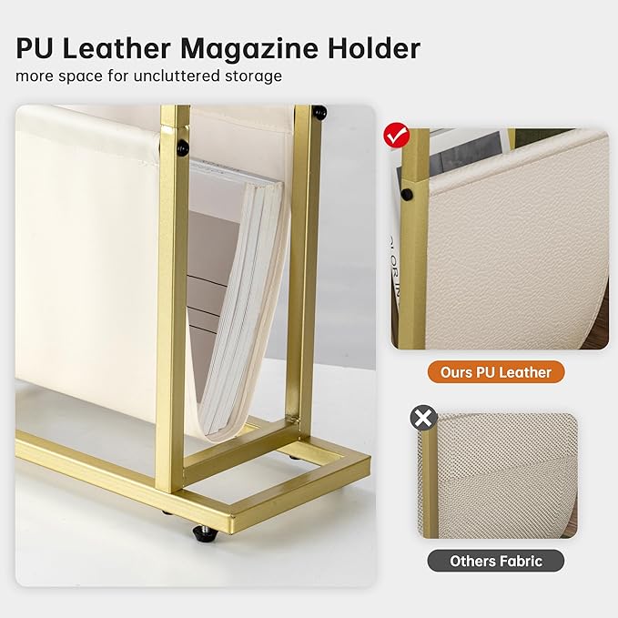 Narrow Side Table with PU Leather Magazine Holder Modern Slim Little Thin Table for Living Room, Bedroom, Sofa, White
