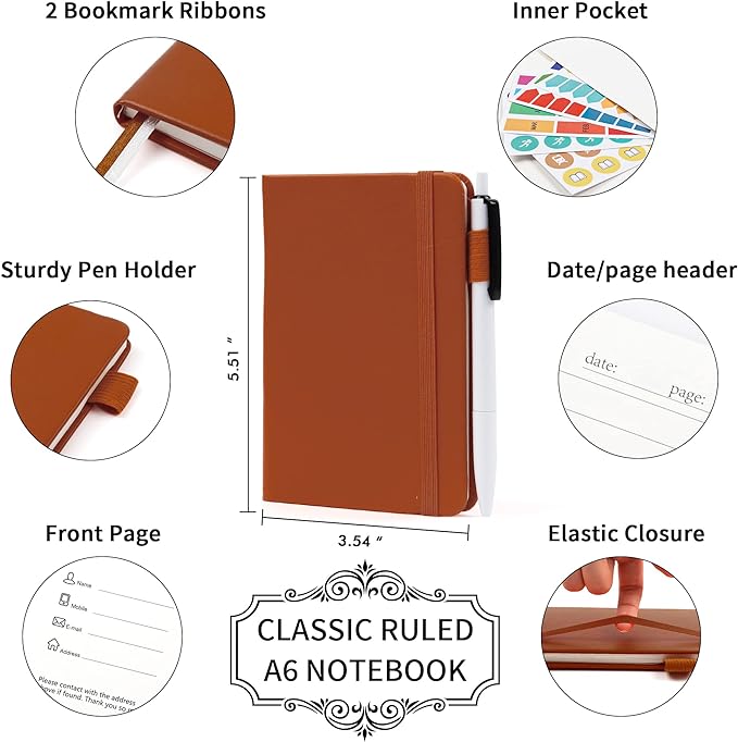 feela 15 Pack Pocket Small Notebooks Bulk, Mini Cute Notepads Hardcover College Ruled Lined Journals with Pen Holder for School Business Memos, with 15 Black Pens, 3.5”x 5.5”, A6, Brown