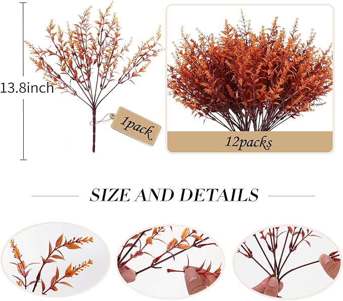 RECUTMS Artificial Fall Outdoor Plants Faux Lavender Flowers Fake Greenery 12 Bundles UV Artificial Flowers for Outside Fake Lavender Plants Faux Greenery for Garden Patios Fall Wedding (Brown)