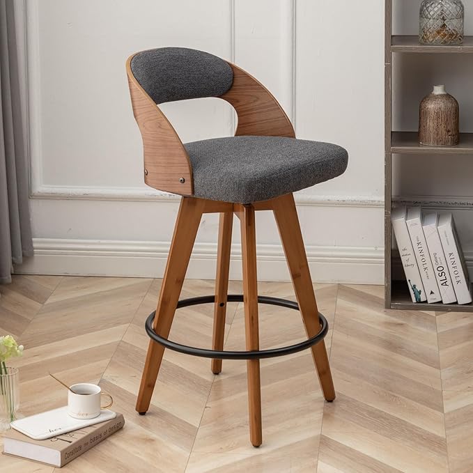 Barstools Set of 3,Counter Height Bar Stools for Kitchen Island,26.8 Inch Modern Upholstered Bar Chair, Swivel Counter Stools with Wood Back and Bamboo Legs (Darkgray-Fabric)