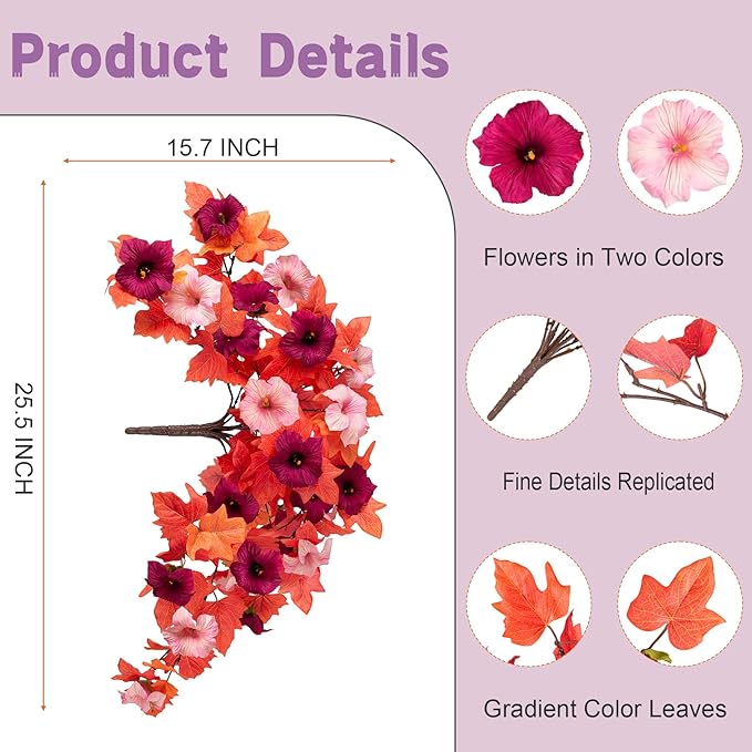 Fake Fall Flowers for Outdoors Decor 2PCS Artificial Flowers Fake Faux Silk Petunias Faux Fall Flower, UV Resistant Autumn Plants for Garden Porch Balcony Realistic Halloween Decoration(Burgundy Pink)