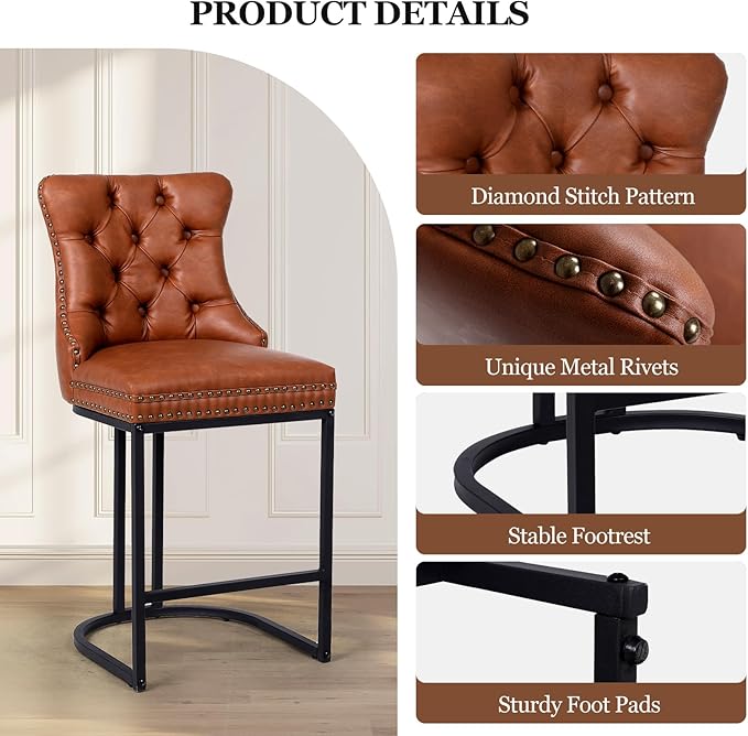 UVV Counter Height Bar Stools Set of 1, 26" Modern Barstools with Back, Faux Leather Upholstery Counter Chairs with Metal Legs for Kitchen Island, Bar, Counter, Brown