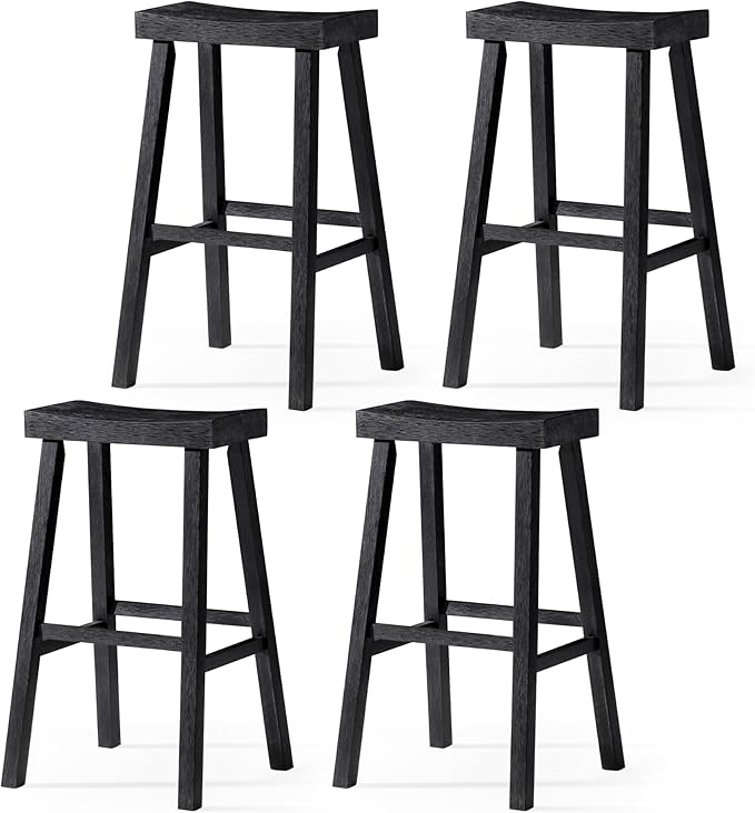 Maven Lane Kitchen Bar Stool, Modern Farmhouse Wood Barstool, Kitchen Island Chairs, Pub Bar Height Stools for Kitchen, Wide Comfortable Seat Backless Bar Stools, Vincent 31", Antiqued Black, Set of 4