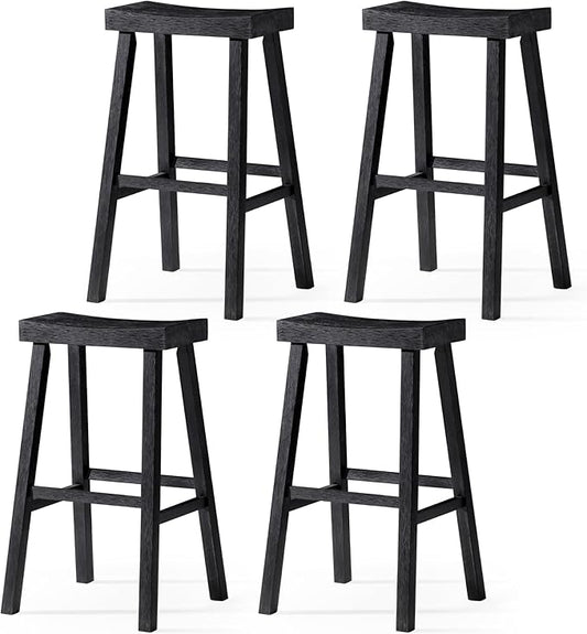 Maven Lane Kitchen Bar Stool, Modern Farmhouse Wood Barstool, Kitchen Island Chairs, Pub Bar Height Stools for Kitchen, Wide Comfortable Seat Backless Bar Stools, Vincent 31", Antiqued Black, Set of 4