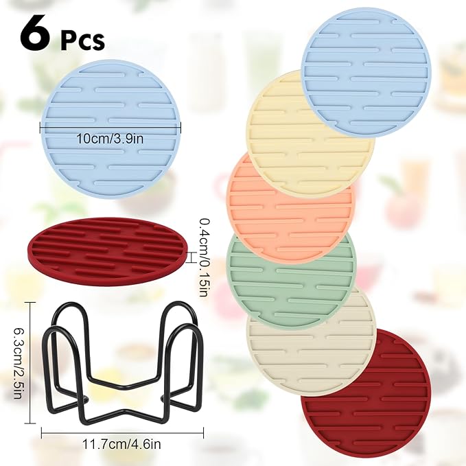 Silicone Coasters for Drinks Coaster Set of 6 pcs Cup Coasters with Holder for Coffee Table for Home Decor for Kinds of Cups Cute Tabletop Protection Suitable Gift for Friend Rubber Drink Coaster Set