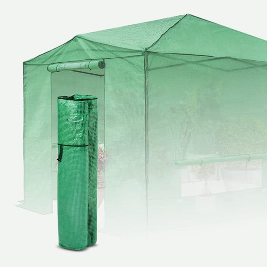EAGLE PEAK Replacement Cover for 12x8 Portable Walk-in Pop up Greenhouse, Front and Rear Roll-Up Zipper Entry Doors and 4 Large Roll-Up Side Windows (Frame Not Included), Green