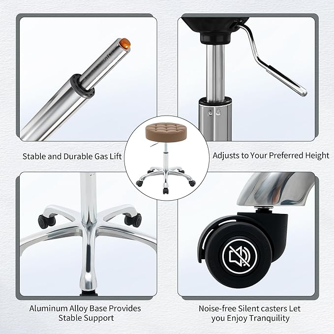 Stool for Work (Adjustable Height 20-27 inch) (Quiet Wheels and Aluminum Base) Vanity Stool for Makeup Room (Coffee Brown)