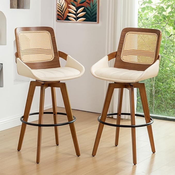 Bar Height Bar Stools Set of 2 - 29.5 inch Mid Century Modern Bar Stools with Cane Back, Curved Arms, Faux Leather Upholstered Seat, Rattan BarStools for Island/Pub/Kitchen (30" Seat Height, Beige)