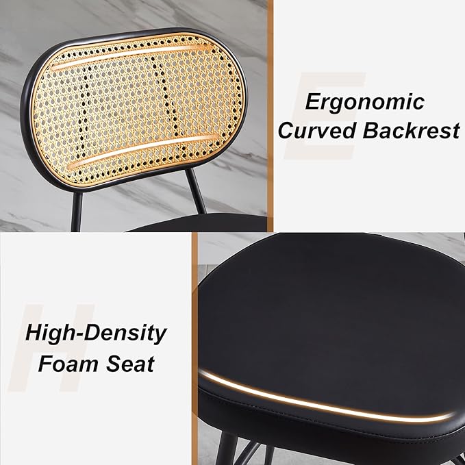26" Rattan Barstools Set of 2, Counter Height Bar Chair with Black Metal Legs, Modern Armless PU Leather Pub Chair,Adjustable Feetpads Stools for Home Counter,Kitchen Dining Island,Cafe(Black)
