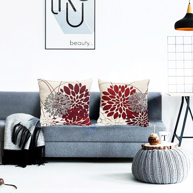 Wine Red Decorative Throw Pillow Covers 22x22 Inch Pillow Covers for Couch Living Room Bedroom Outdoor.Modern Sofa Throw Pillow Cover.Farmhouse Geometric Floral Linen Square Pillow Case.Set of 2