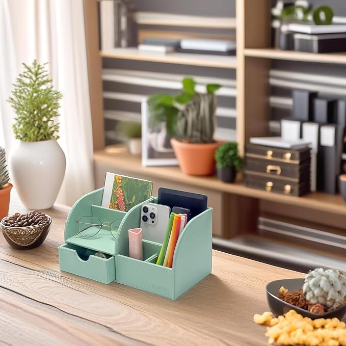 UnionBasic Desk Organizer - Multifunctional Leather Desktop Pen Holder Storage Box - Business Card/Pen/Pencil/Mobile Phone/Stationery Holder, Mint Green