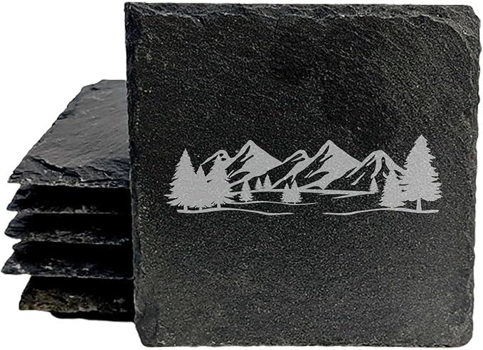 Mountain Majesty Slate Coasters with Stunning Mountain Scene Design - Perfect for Home and Office Decor and Protection of Surfaces, Available in Square or Round Coasters - Square Slate - Set of 8
