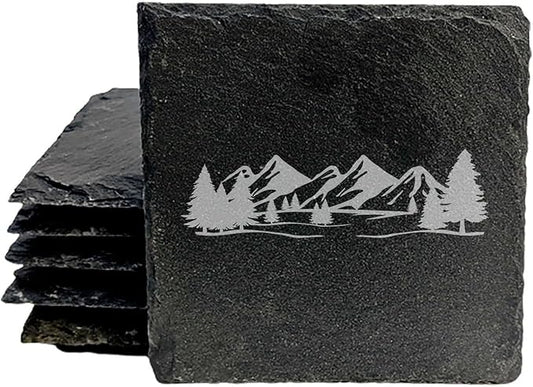 Mountain Majesty Slate Coasters with Stunning Mountain Scene Design - Perfect for Home and Office Decor and Protection of Surfaces, Available in Square or Round Coasters - Square Slate - Set of 8