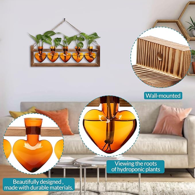 Plant Terrarium Hanging Propagation Stations Gift for Women Plant Lover air Plant Holder with Wooden Stand Heart Glass