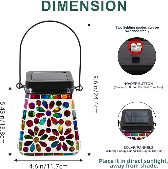 VOREEN Mosaic Solar Lanterns, Handmade Outdoor Glass Hanging Lights, Solar Table Lamps, IP44 Waterproof Lights, Deco for Garden, Patio, Yard, Party, Balcony, Gift for Mom Wife Friend, Colorful Flower