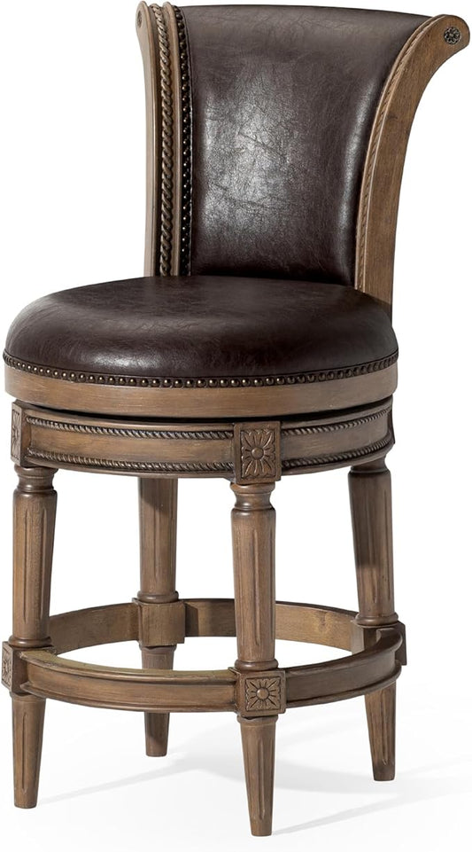 Maven Lane Pullman Counter Stool 26 Inches – Swivel Stool with Footrest – Brown Solid Wood Frame & Beige Faux Leather Upholstery – Perfect for Kitchen Islands & Counters