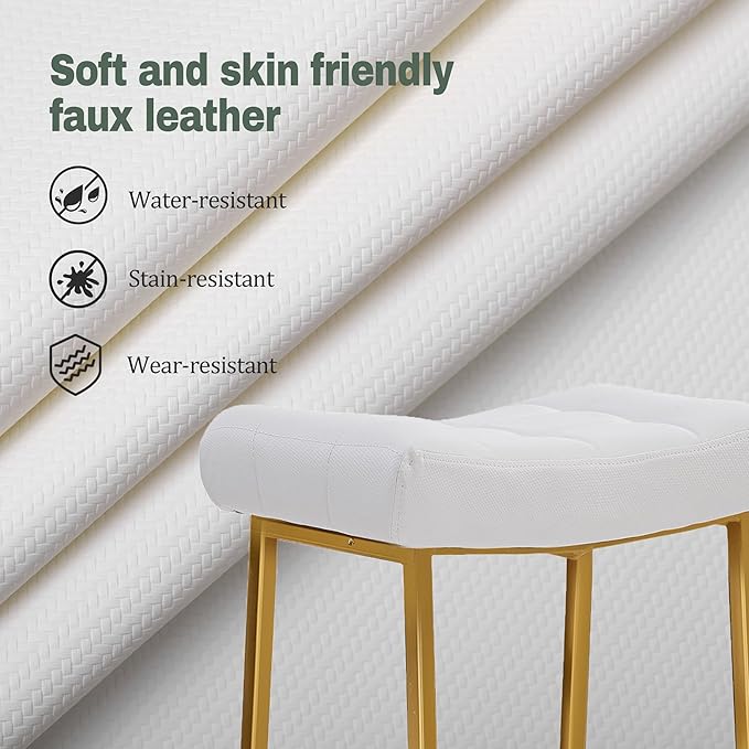 White & Gold Counter Height Bar Stool for Kitchen Counter Modern Backless Barstool with Upholstered Faux Leather Seat and Metal Frame Industrial 24 inch Bar Chair
