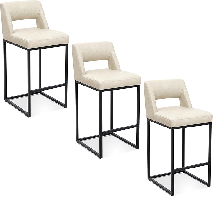 Counter Height Bar Stools Set of 3 for Kitchen Counter Modern Bar Chairs with Backs for Kitchen Island with Upholstered Faux Leather Seat and Metal Frame, Beige, 26 Inch