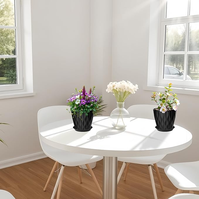 6 Pack 7 Inch Plant Pots with Drainage and Saucers, Black Plastic Flower Pots for Indoor and Outdoor Plants, Stackable Nursery Planters for Houseplants and Herbs, Black