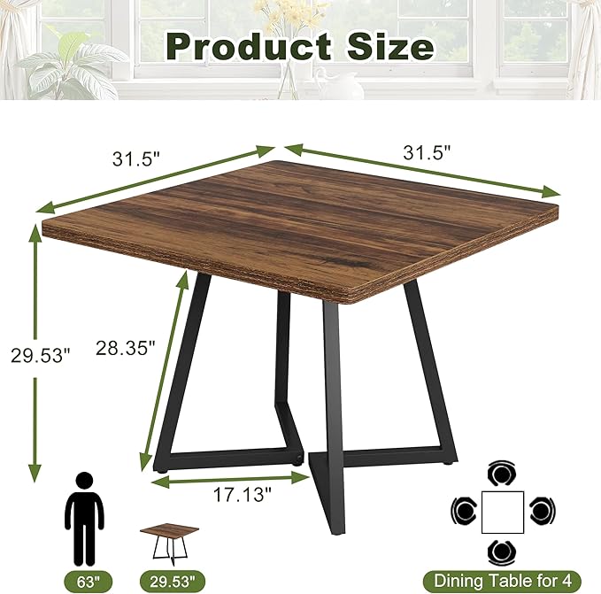 NicBex 31.5 Inch Square Dining Table for 4, Wooden Small Dinner Table Farmhouse Square Kitchen Tables with Metal Leg for Dining Room, Kitchen, Living Room, Brown & Black