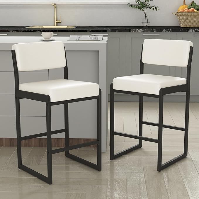 Mid Century Modern Counter Height Bar Stools Set of 3, 26" Bar Height Chairs with Backs, Upholstered Counter Stools, Metal Barstools for Kitchen Island (White- Faux Leather, 26"H - Set of 2)