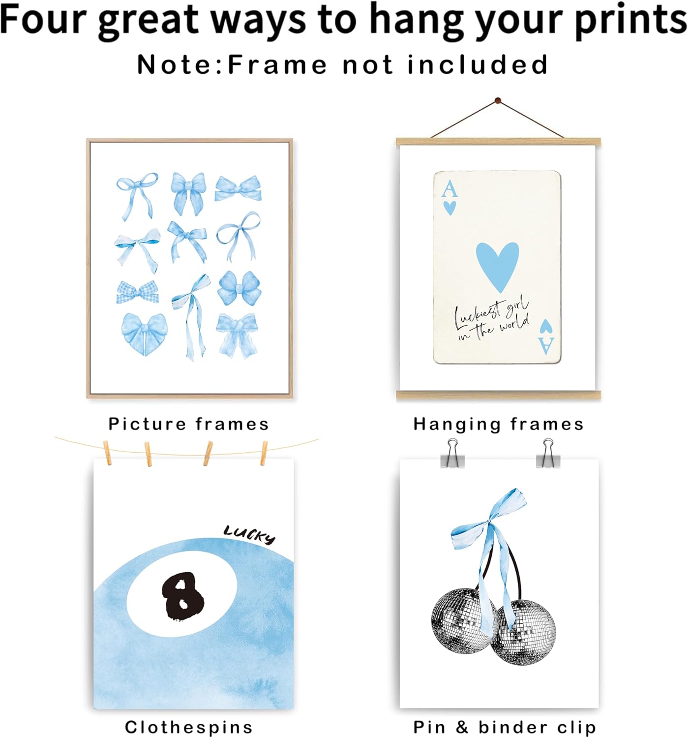 okaxscm Blue Coquette Trendy Preppy Wall Art Prints Set of 4, Coquette Room Decor, Preppy Room Decor Aesthetic, Blue Bow Disco 8 Ball Cherry Wall Decor Posters for Girls Bedroom Dorm, 8x10 Unframed