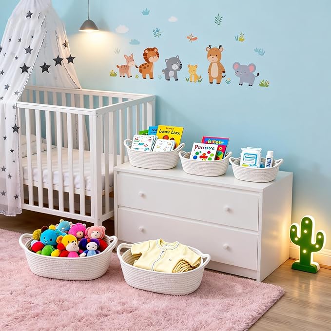 5-Piece Storage Shelf Basket Set, Natural Cotton Rope Woven Basket with Handles, Decorative Rectangle Organizer Bin for Home, Nursery, Montessori, Pet Toy Storage and Bathroom Organization, White