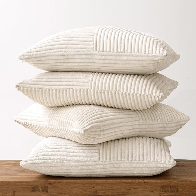 MIULEE Beige Throw Pillow Covers 20x20 Inch Set of 4 Boho Patchwork Cushion Cases Modern Farmhouse Pillow Cases with Invisible Zipper Corduroy Striped Home Decor for Couch Sofa Bedroom