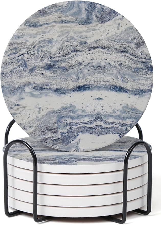 Set of 6 Navy Abstract Onyx Marble Coasters with Holder, Absorbent Ceramic Coasters for Drinks, Coasters with Cork Backing for Table Protection, Coffee Table Decor