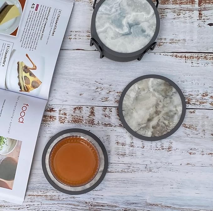 Absorbent Coasters for Drinks with Holder - 6packs, Silicone Coaster with Soft Felt Insert (4.3 inch Coasters with 4.5 inch Holder, Marble Style)