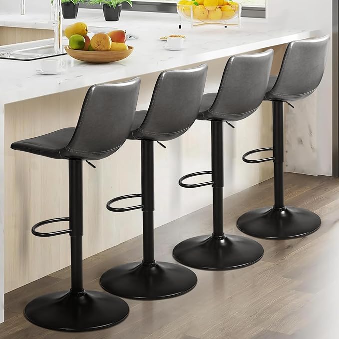 LEMBERI Bar Stools Set of 4 Modern Swivel Bar Chairs, Barstools Counter Height with Backrest, Adjustable Faux Leather Upholstered Bar Stool for Kitchen Island, Grey