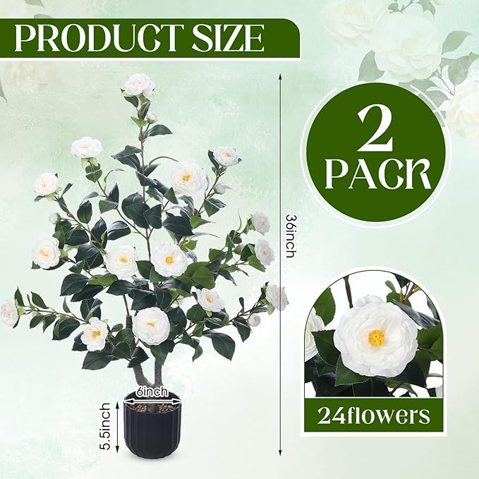 Jexine 2 Pack 36" Artificial Tree with Camellia, Fake Tree with 24 Blooming Flowers, Flower Plants Tree Faux Floral Plant Tree in Cement Pot for Indoor Outdoor Office Home Porch Decor (White, 36")