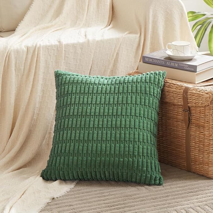 Fancy Homi 2 Packs Emerald Green Decorative Throw Pillow Covers 14x14 Inch for Living Room Couch Bed Sofa, Christmas Home Decor, Soft Striped Corduroy Square Cushion Case 35x35 cm