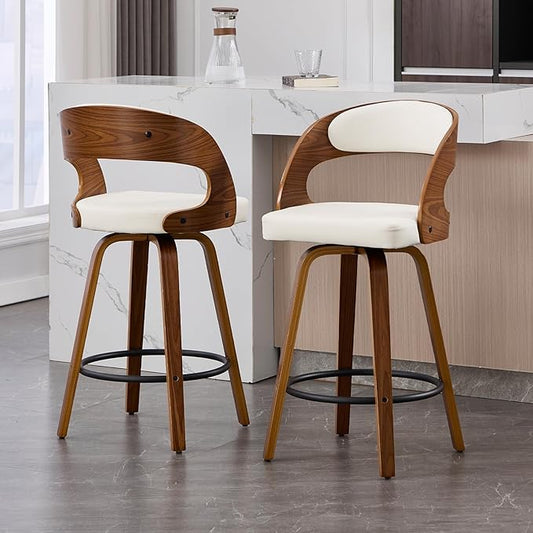 Swivel Bar Stools Set of 2, Walnut Counter Height Bar Stools with Back and Arms, 26" Modern Faux Leather Upholstered Bar Chairs with Bentwood Frame for Kitchen Island Bar - White