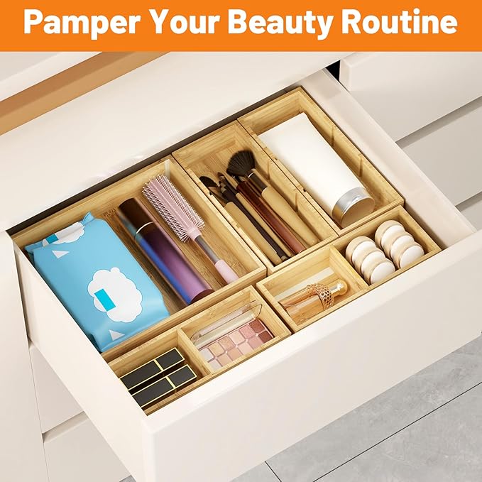 SpaceWhisper Bamboo Drawer Organizer, 5-Piece Drawer Divider with Removable Dividers for Organization and Storage, Multi-Use Stackable Storage Box & Utensil Holder for Kitchen, Office, Makeup & More