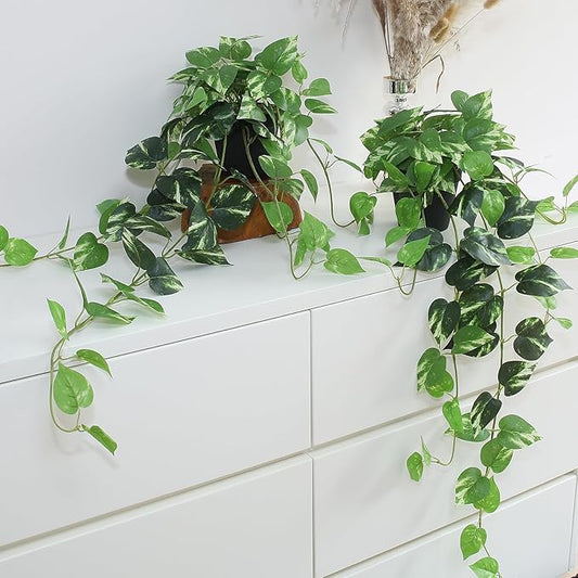 Fake Pothos Hanging Plants - Set of 2 Artificial Silk Ivy Vines with Pots, Realistic Faux Greenery for Indoor Home Decor, Low Maintenance Hanging Plant Decoration (Golden Green)