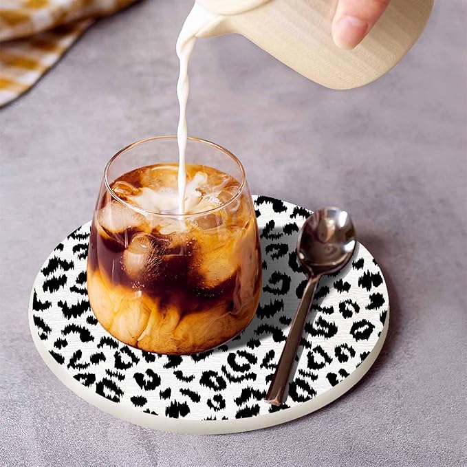 Leopard Print Drink Coaster Wild Animal Skin Pattern Art Black and White Spotted Leopard Beautiful Home Decor Diatomite Heat-Resistant Diatomite 4 Inch for Cold Drinks Wine Mugs Cups