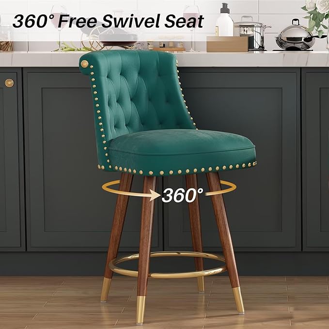Counter Height Bar Stools, 360° Swivel Counter Stools Set of 2, Upholstered 24" Velvet Barstools with Back and Footrest for Kitchen Island, Seat Height, Solid Wood Legs, Fabric in Green