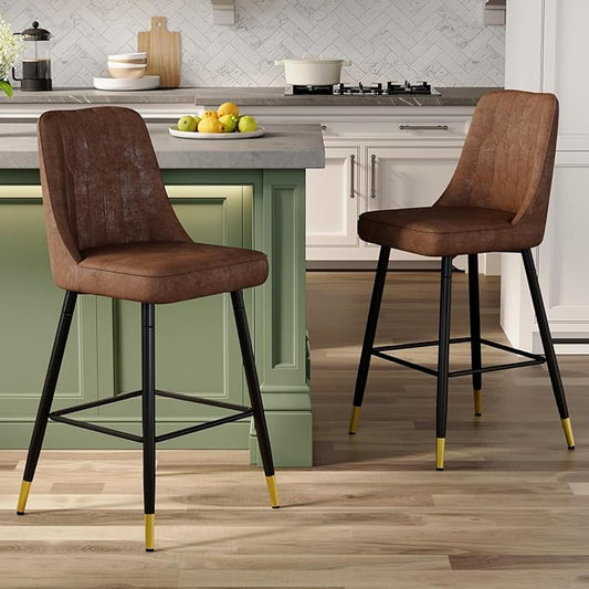 Brown Bar Stools Set of 2,27" Counter Height Bar Stools Set of 2,Faux Leather Counter Stools with Soft Padded Seat & Curved Backrest,Modern Kitchen Island Chairs for Dining Café