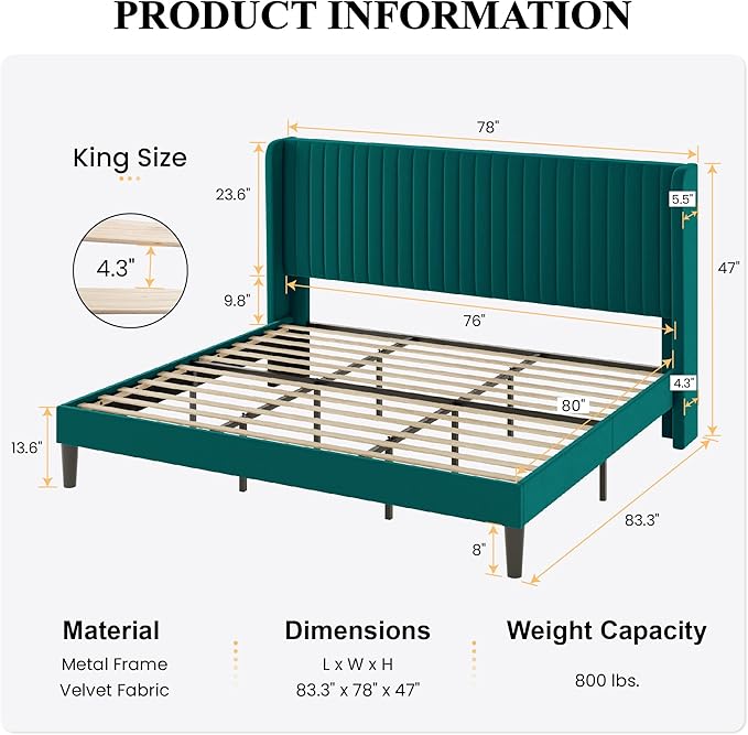 SHA CERLIN King Size Velvet Bed Frame with Vertical Channel Tufted Wingback Headboard, Upholstered Platform Bed with Wood Slats, No Box Spring Needed, Easy Assembly, Teal