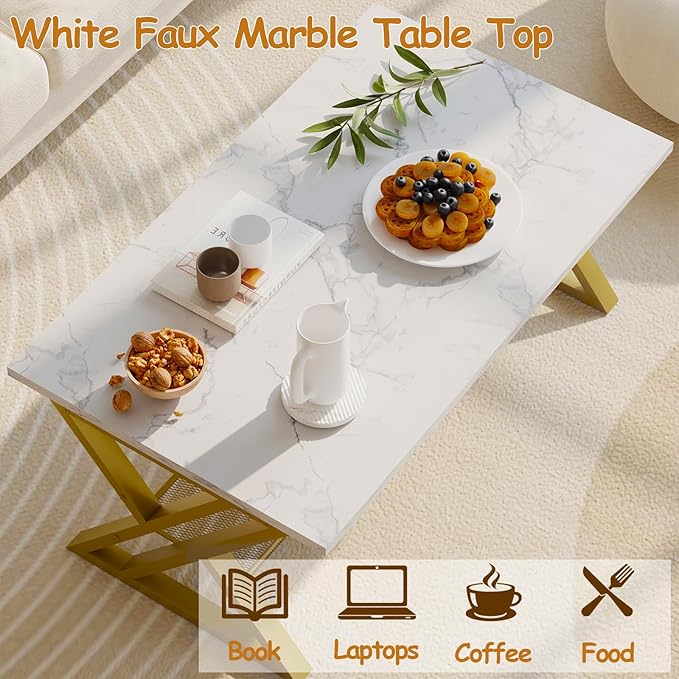 Coffee Table Living Room Table with Storage Shelf, White Table Simple Modern Faux Marble Rectangular Tables with Sturdy Gold Metal Frame,Industrial Wooden Coffee Table for Bedroom Home Office