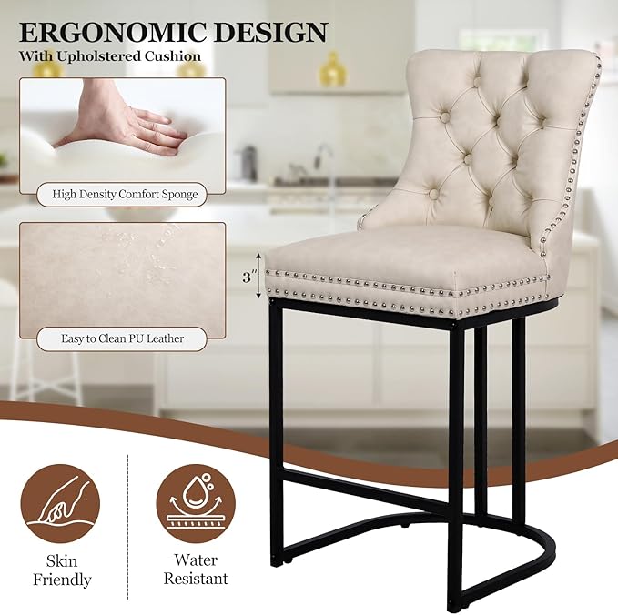 UVV Counter Height Bar Stools Set of 6, 26" Modern Barstools with Back, Faux Leather Upholstery Counter Chairs with Metal Legs for Kitchen Island, Bar, Counter, Beige