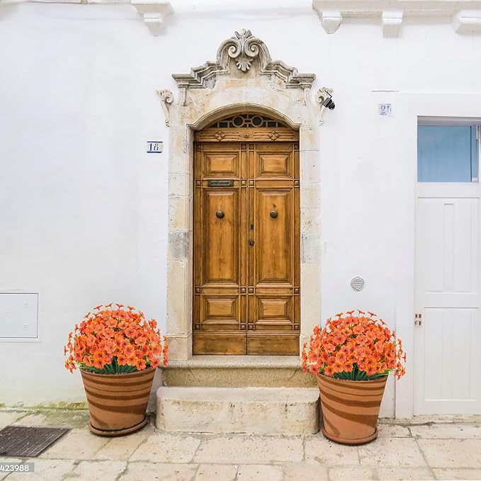 Outdoor Artificial Flowers 21 UV Resistant Bundles Fake Flower Plastic Plants Faux Silk Flowers Porch Hanging Garden Porch Window Box Decorating (Orange)