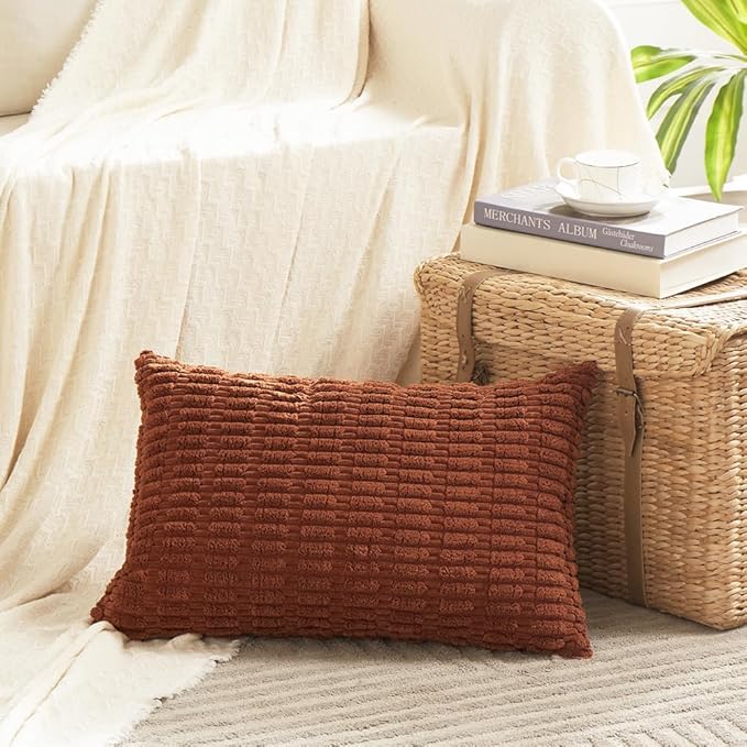Fancy Homi 4 Packs Rust Decorative Throw Pillow Covers 12x20 Inch for Living Room Couch Bed Sofa, Terracotta Rustic Farmhouse Boho Home Decor, Soft Plush Striped Corduroy Square Cushion Case 30x50 cm